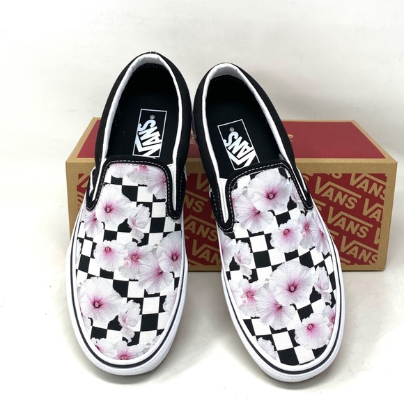 VANS Classic Slip On Shoes Hibiscus Check Black Canvas Sneaker Women VN0A5JLXBM8 - Picture 4 of 11